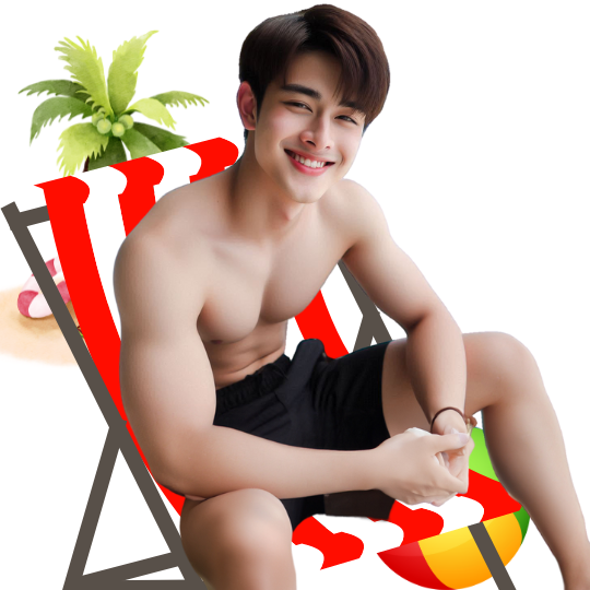 Young smiling man sitting on a red-and-white striped deck chair, representing UNOthai.com’s bespoke Thailand travel experiences. | شاب يبتسم يجلس على كرسي استلقاء مخطط بالأحمر والأبيض، يمثل تجارب السفر المخصصة إلى تايلاند مع أونوتاي.