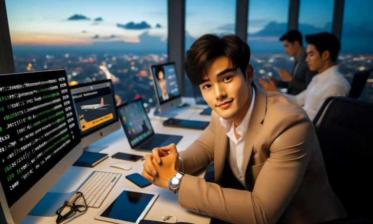 Young Thai businessman working on a computer, iPad, and smartphone in a modern Bangkok office with stunning city views. UNOthai.com: Your trusted Thailand travel partner for bespoke itineraries, expert local guides, seamless booking, and competitive prices. / شاب تايلاندي رجل أعمال يعمل على كمبيوتر ، وجهاز لوحي ، وهاتف ذكي في مكتب عصري في بانكوك مع إطلالات خلابة على المدينة. أونوتاي: شريك سفرك الموثوق به إلى تايلاند للبرامج السياحية المصممة حسب الطلب ، والمرشدين المحليين الخبراء ، والحجز السلس ، والأسعار التنافسية.