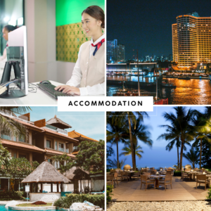 Professional staff assisting travelers with luxury hotel bookings, Bangkok skyline, beachfront resorts, and tropical dining experiences for Thailand accommodation options.