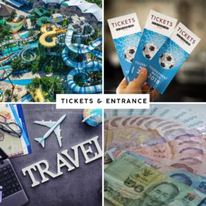 Tickets for attractions, sports events, travel essentials, and local currency, showcasing booking and entrance services in Thailand.