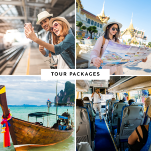 Travelers exploring Bangkok with guided tours, visiting temples, riding a traditional long-tail boat, and enjoying a guided bus tour in Thailand.