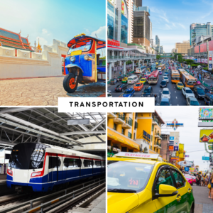 Bangkok transportation options including tuk-tuks, traffic on main roads, BTS Skytrain, and metered taxis, showcasing Thailand's diverse travel solutions.