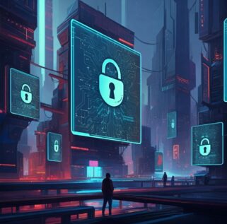 Futuristic cityscape with digital locks symbolizing data security at UNOthai.com | مشهد مدينة مستقبلية مع أقفال رقمية ترمز إلى أمان البيانات في UNOthai.com